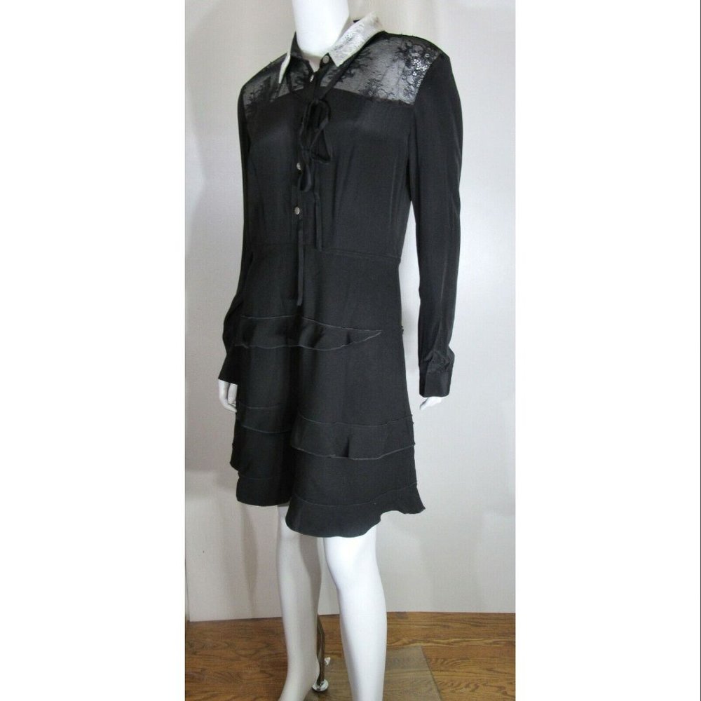 Kooples White Lace Collar Button Fron A-Line Ruffle Silk Black Dress Women's L - Picture 2 of 8